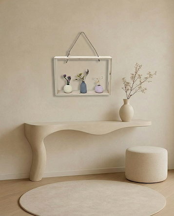 כלי נוי, קיר מעוצב עם כלי נוי, מדפים והדום